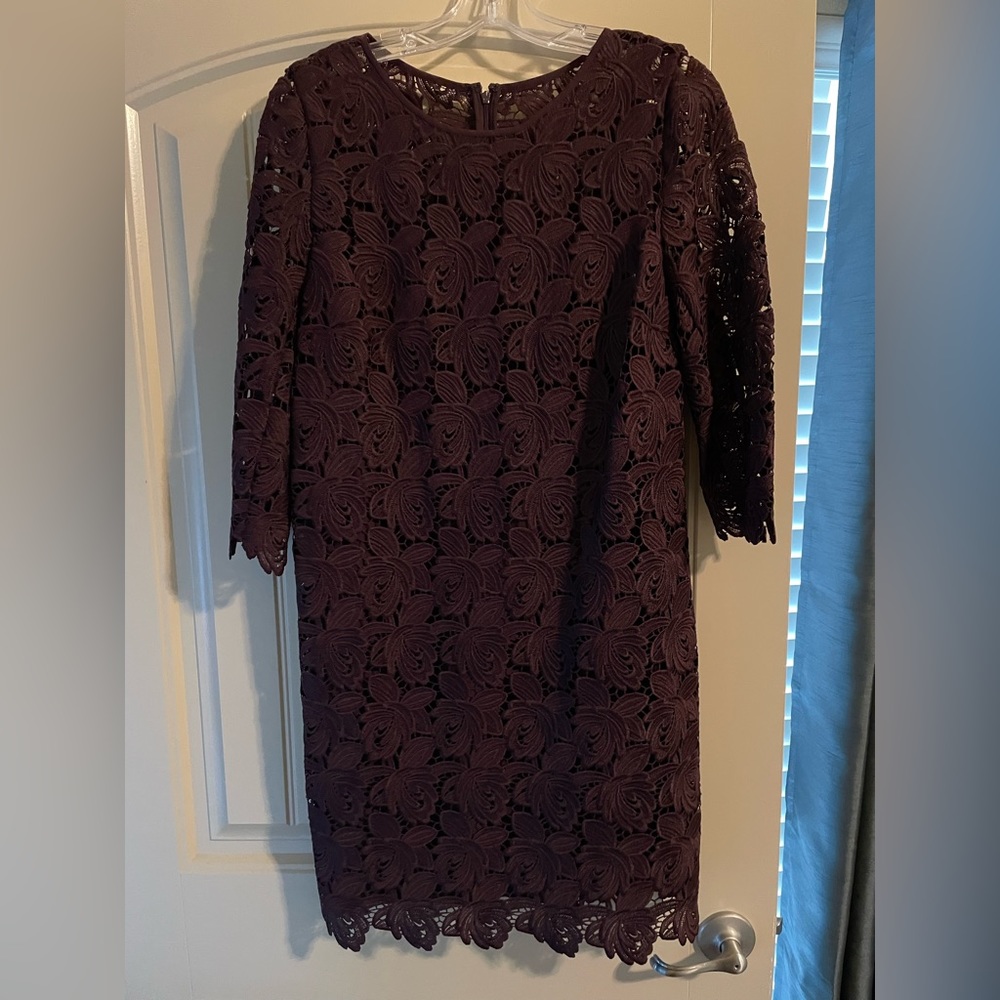 Loft Burgundy Wine Lace Shift Mini Dress 3/4 Sleeve Women's Size 8